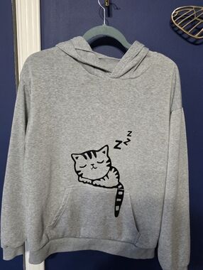Gray Cat Graphic Pullover Hoodie Women's Size L Cotton Blend Knit
